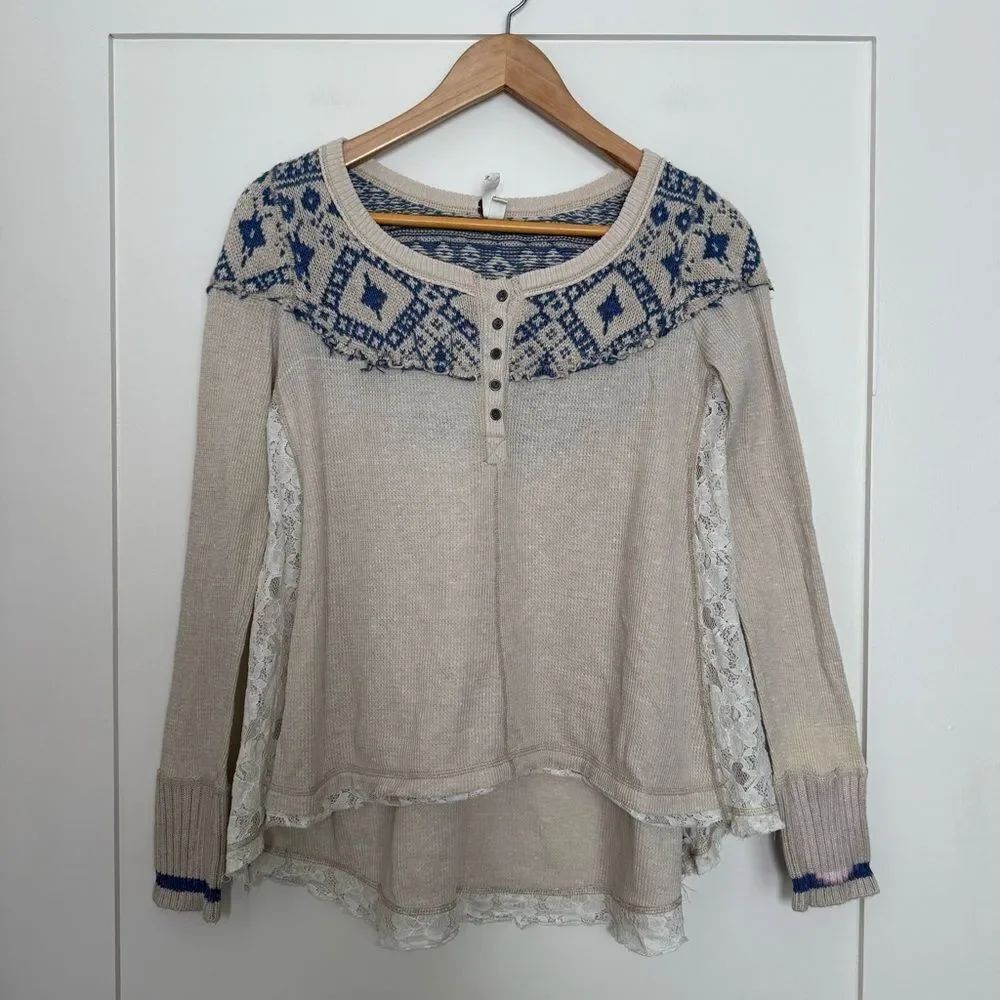 We The Free Top Womens S Beige Waffle Knit Lace Contrast Block Long Sleeve Boho